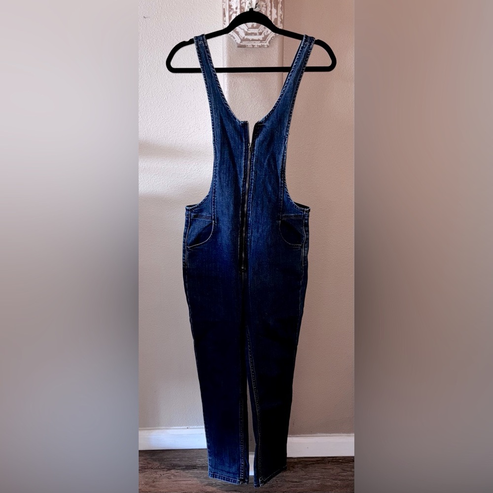 Free People Dark Blue Denim Zip-Front Jumpsuit